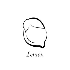 Lemon silhouette with inscription, description. Fruit outline. Black print icon isolated on white background.