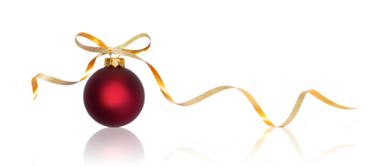 Red Christmas decoration bauble with ribbon bow isolated on transparent background.