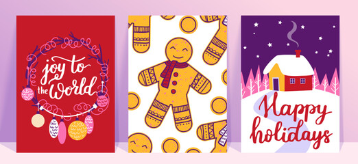 Vector collection of Christmas poster templates. New year 2023 set of christmas greeting cards. Bright colors. presents and hand written lettering for your invitation and design.