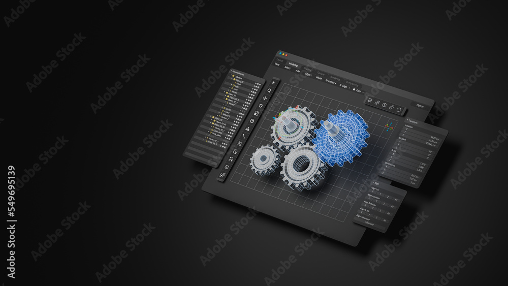 Poster Engineering designer design 3D CAD software program Industrial engine model mechanical dimensional digital manufacturing factory engineer computer screen. 3d rendering.