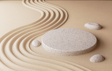 Fototapeta na wymiar Cosmetic background for product presentation, podium display on Zen circle pattern in sand, 3d rendering.