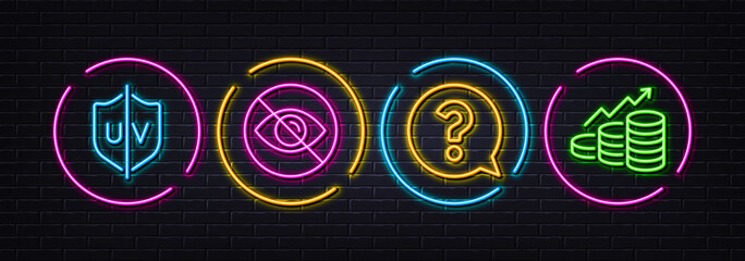 Question mark, Not looking and Uv protection minimal line icons. Neon laser 3d lights. Growth chart icons. For web, application, printing. Help support, Eye care, Ultraviolet. Money profit. Vector