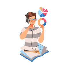 Male Student Character with Headphones Holding Chart Learning Vector Illustration