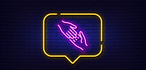 Neon light speech bubble. Helping hand line icon. Give gesture sign. Charity palm symbol. Neon light background. Helping hand glow line. Brick wall banner. Vector - obrazy, fototapety, plakaty