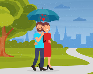 Happy Man and Woman Lovers Walking Under Umbrella in Park Being in Love Vector Illustration