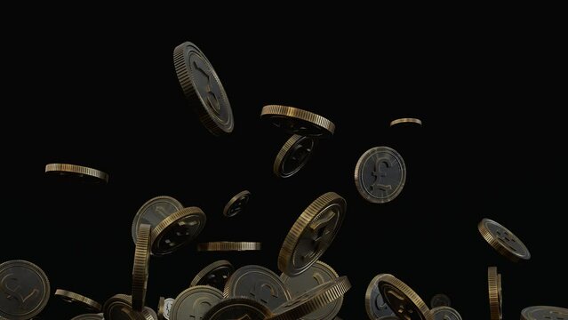 Falling golden coins isolated on black background, money pound coins Falling