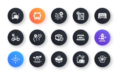 Minimal set of Baggage reclaim, Delivery timer and Bicycle parking flat icons for web development. Road, Cardboard box, Confirmed flight icons. Parking garage, Open box. Vector