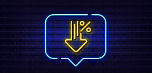 Neon light speech bubble. Low percent line icon. Discount sign. Credit percentage decrease symbol. Neon light background. Low percent glow line. Brick wall banner. Vector