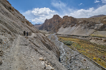 Two hikers heading to Tachungste campsite in Markha valley, Ladakh - obrazy, fototapety, plakaty