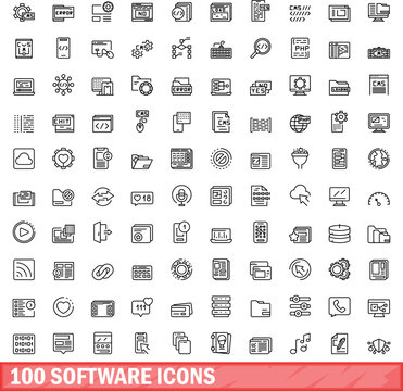 100 software icons set. Outline illustration of 100 software icons vector set isolated on white background