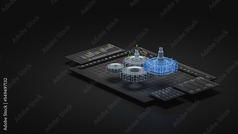 Poster Engineering designer design 3D CAD software program Industrial engine model mechanical dimensional digital manufacturing factory engineer computer screen. 3d rendering.