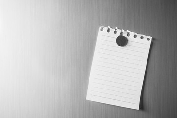 Empty paper sheet on refrigerator door. Note paper with magnetic. Valentine send text love message. Memory day note story everyday.
