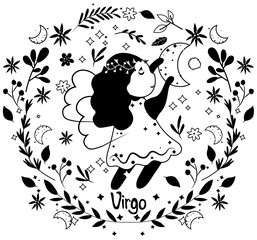 Black and white Virgo Zodiac in a colorful wreath of leaves and flowers around. Cute Virgo perfect for posters, logo, cards. Astrological Virgo zodiac. Vector illustration.