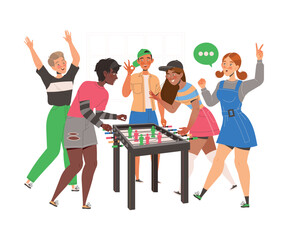 Fototapeta premium Group of Friends Playing Table Football Board Game Gathered Together Having Fun on Weekend Vector Illustration