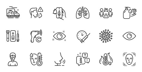 Outline set of Coronavirus, Wash hands and Face detection line icons for web application. Talk, information, delivery truck outline icon. Vector