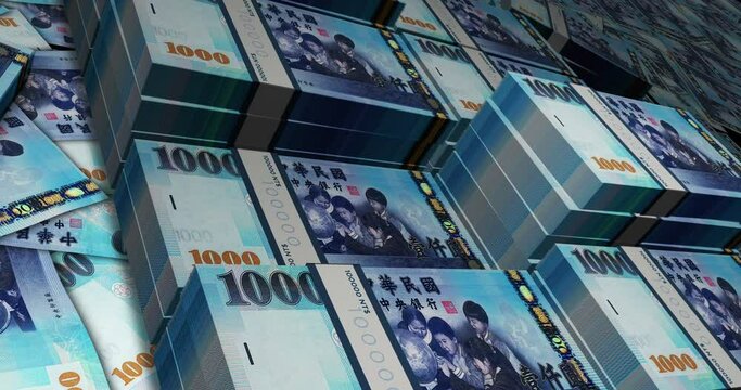 Taiwanese Dollar 1000 TWD banknote pack pile loop. Flying over money stack Taiwan note. 3D Abstract concept of business, economy, finance, crisis and banking. 