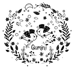 Black and white Gemini. Cute Zodiac in a colorful wreath of leaves, flowers and stars around. Cute birds Gemini perfect for posters, logo, cards. Astrological Gemini zodiac. Vector illustration.