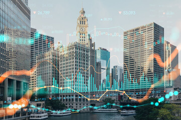 Panorama cityscape of Chicago downtown and Riverwalk, boardwalk with bridges at day time, Illinois, USA. Forex graph hologram. The concept of internet trading, brokerage and fundamental analysis - obrazy, fototapety, plakaty