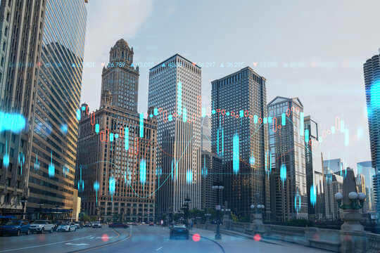 Panorama cityscape of Chicago downtown and Riverwalk, boardwalk with bridges at day time, Illinois, USA. Forex graph hologram. The concept of internet trading, brokerage and fundamental analysis