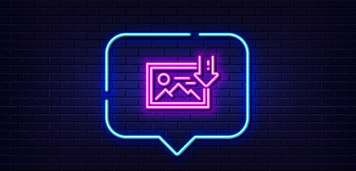 Neon light speech bubble. Download photo line icon. Image thumbnail sign. Picture placeholder symbol. Neon light background. Download photo glow line. Brick wall banner. Vector