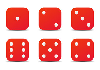 Dice sides or dice faces icon set in flat style design with shadow effect, isolated on white background. Red six sided dice. Vector illustration.