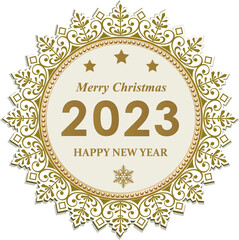 
Happy New Year 2023, greeting card, background, icon for winter holidays. Number 2023 with congratulations text on snowflake background. Vector illustration
