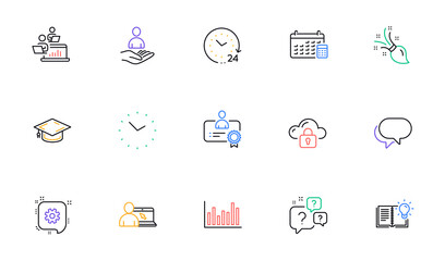 Graduation cap, Time and 24 hours line icons for website, printing. Collection of Brush, Bar diagram, Product knowledge icons. Calendar, Cogwheel, Talk bubble web elements. Vector
