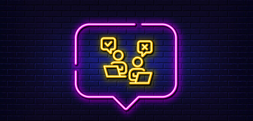 Neon light speech bubble. Online Voting line icon. Internet vote sign. Web election symbol. Neon light background. Online Voting glow line. Brick wall banner. Vector