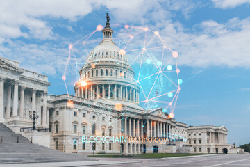 Fototapeta na wymiar Capitol dome building exterior, Washington DC, USA. Home of Congress and Capitol Hill. American political system. Decentralized economy. Blockchain, cryptography and cryptocurrency concept, hologram