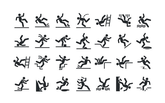 Set Of Caution Symbols With Stick Figure Man Falling from Ladder, Slip on Wet Floor, Fall Down The Stairs
