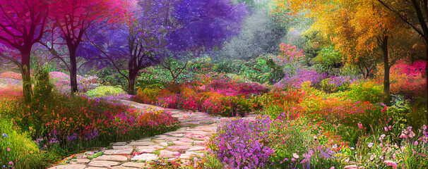 Fototapeta premium panorama magical garden landscape with flowers and colorful trees 