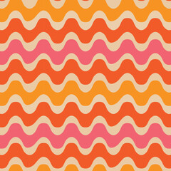 Abstract retro 70s groovy waves seamless pattern in orange, pink and mustard yellow over light cream background. For retro backgrounds, home décor and posters 