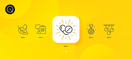 Fototapeta na wymiar Winner reward, Medical drugs and Ceiling lamp minimal line icons. Yellow abstract background. Leaf dew, Clipboard icons. For web, application, printing. Vector