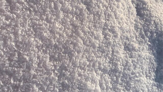 Snow crystals shimmer in the rays of the sun. The first snow. Winter in Russia 2022