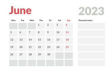 Calendar Template of june 2023 with place for notes. Vector layout simple calendar with week start monday.