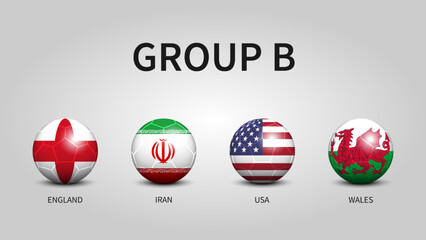 Qatar soccer cup tournament 2022 . Group B stages . Football with country flag pattern . Vector .
