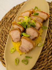 Grilled, Gourmet, Typical Spanish dish called torreznos, consisting of deep-fried pork skin and savory fried crust