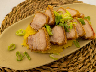 Tasty, Grilled, Gourmet, Typical Spanish dish called torreznos, consisting of deep-fried pork skin and savory fried crust