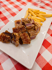 Pork, Tasty, Grilled, Gourmet, Typical Spanish dish called torreznos, consisting of deep-fried pork skin and savory fried crust