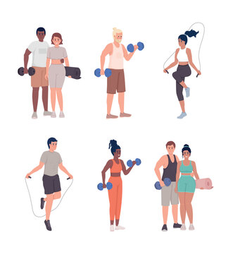 Sportive lifestyle semi flat color vector characters set. Editable figures. Full body people on white. Exercising simple cartoon style illustrations pack for web graphic design and animation