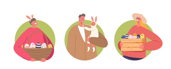 Happy People Prepare for Easter Holiday Celebration. Young Father with Baby on Hands, Mom and Son Family Characters