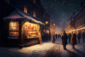 Christmas market at night in an alpine village