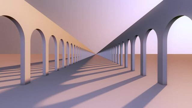 Modern architectural background: 3D rendering of empty arched colonnade in bright light, white Contemporary concept with deep shadows, 4k looping animation
