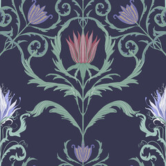 Dark blue seamless floral pattern, damask botanical design