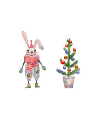Watercolor bunny in camisole and scarf. Christmas illustration with cute cartoon character and christmas tree for greeting cards design, holidays decor