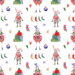 Seamless snowman and bunny pattern. Watercolor christmas background with cute winter characters, presents, hearts, stars, garlands, socks for wrapping paper, holidays textile