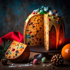 Panettone sliced, Italian Christmas cake Illustration, Traditional Italian cake dessert