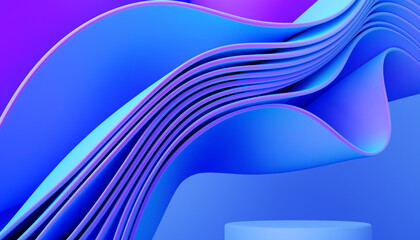 Neon, blue and pink podium background with abstract wavy cloth, folded fabric