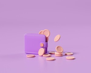 Money bag with coins and coin filter. Realistic 3D design in cartoon style. Investment finance business concept. Creative. Exchange cash back. Save money, savings. 3 d render illustration.