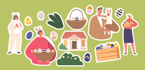 Set of Stickers Happy Family Prepare for Easter Celebration. Parents and Children Girl and Boy Wear Rabbit Ears